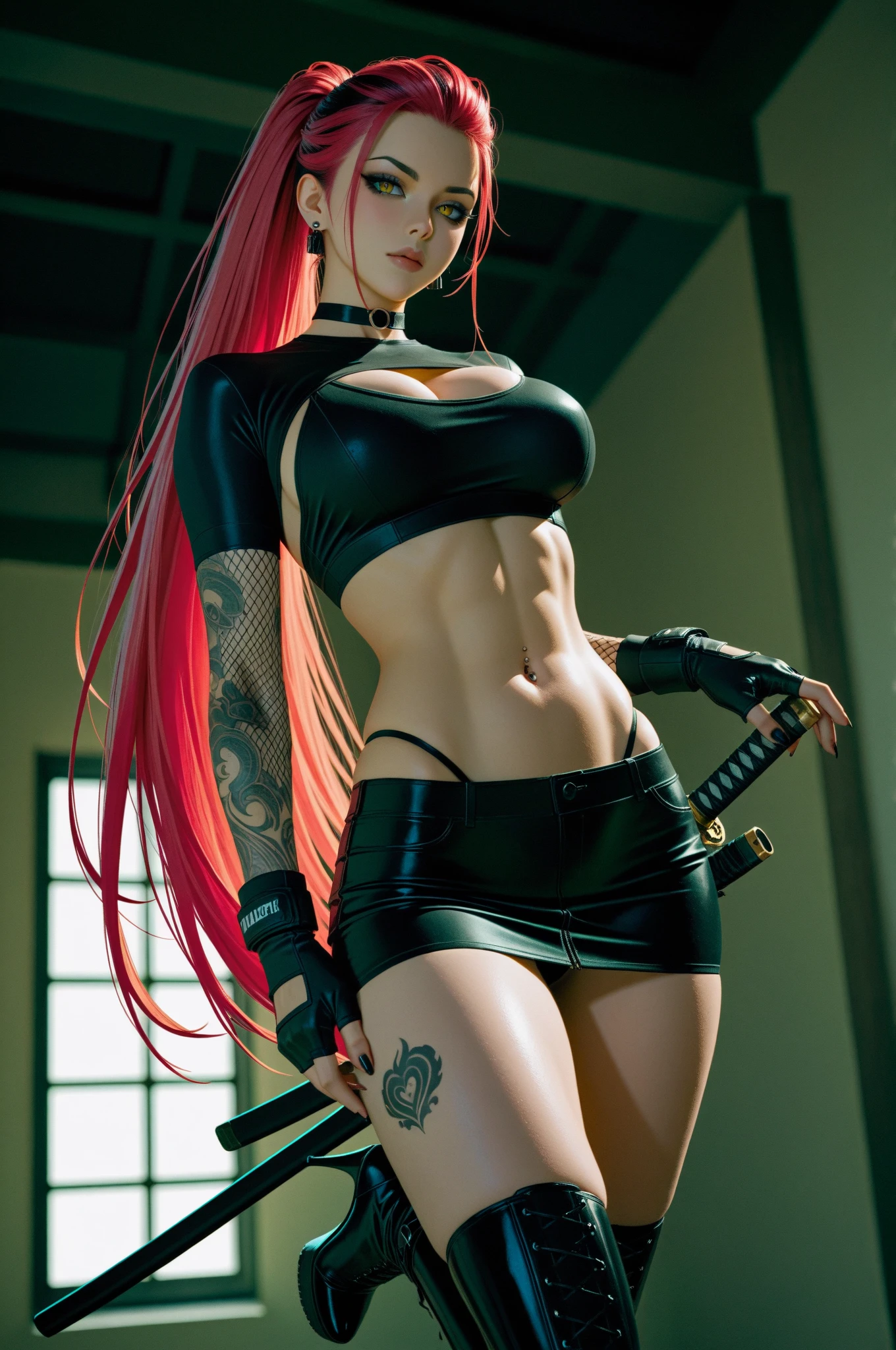 score_9, score_8_up, score_7_up, (masterpiece, UHD, 8K, 16K, ultra detailed), nsfw, "1girl, yellow eyes, slit pupils, two toned hair, pink hair, black hair,  long hair, medium breasts, big breasts, abs, navel piercing, katana (weapon)", skirt, choker, suspenders, holster, earrings, tattoos on arm, tattoos on legs, black nails, high heel boots, fingerless gloves,  diffused light,  street background, dramatic ambient
