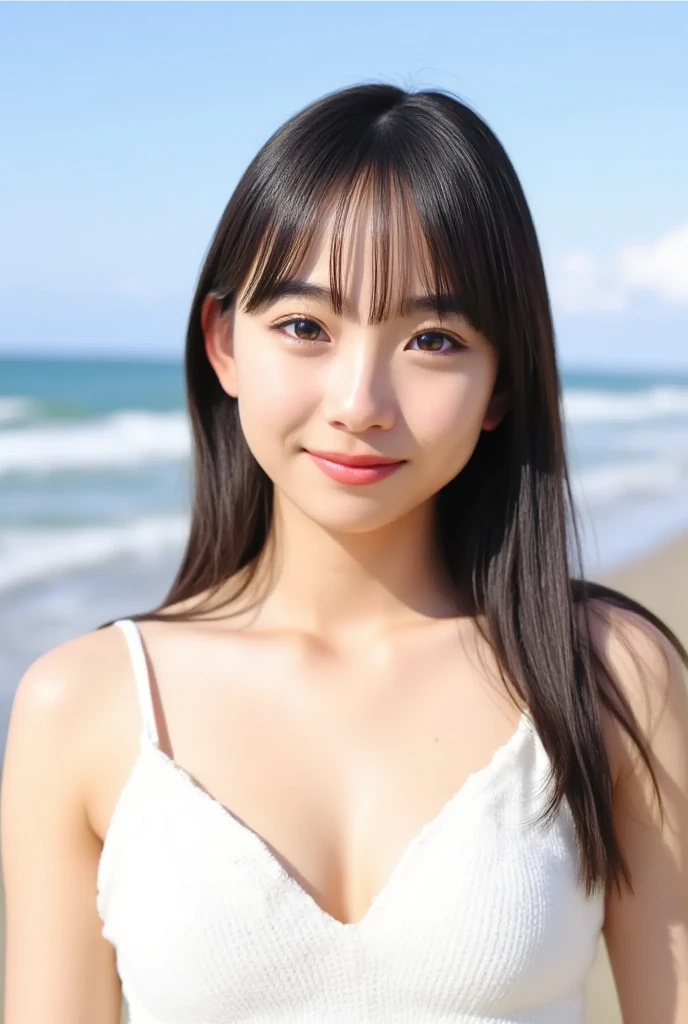 (masterpiece:1.2,highest quality),blur the background,1 High school girl,((nude)),(Ecup boobs),brown hair,detailed and beautiful eyes,blushing face,healthy skin,looking at the viewer,smile,(beach),8K resolution