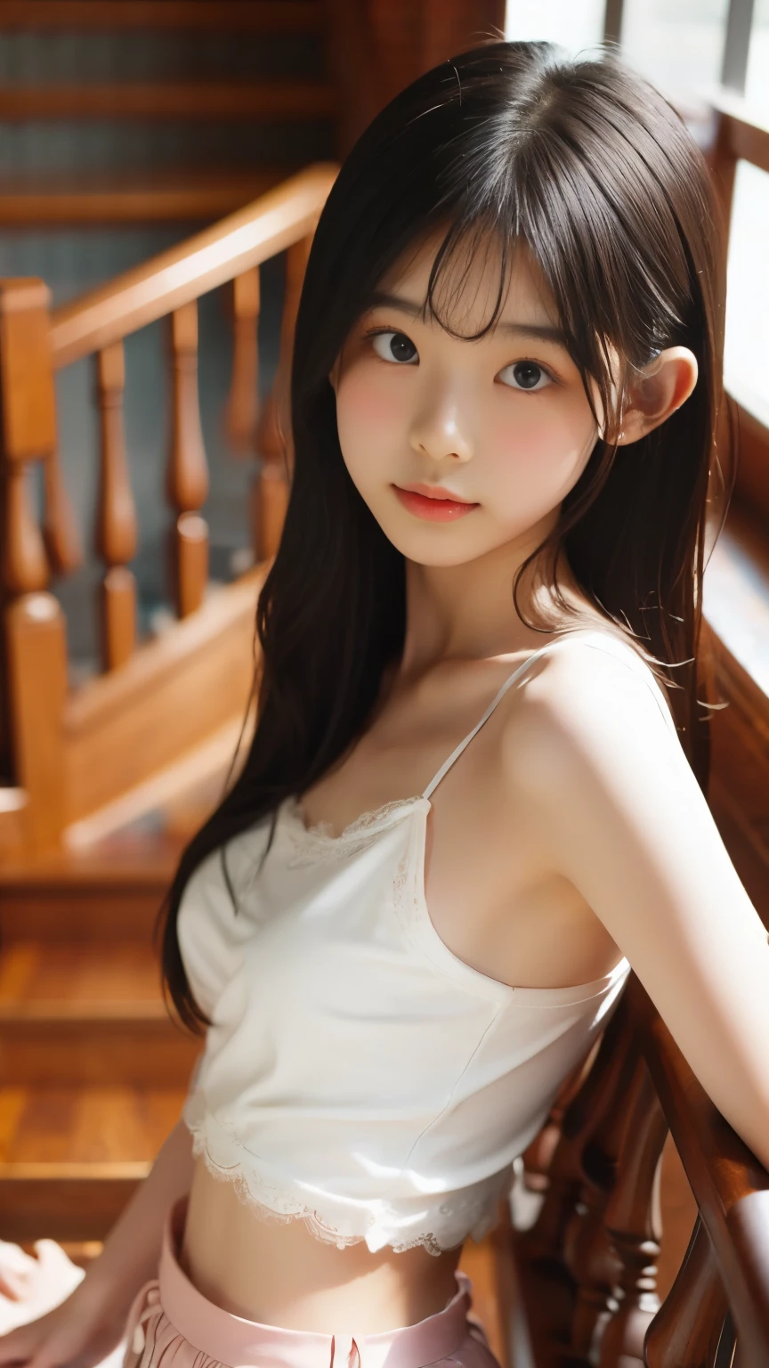 film portrait photography, 1girl, bare shoulders, wavy shoulder-length hair, serene, calm, (realistic detailed eyes, natural skin texture, realistic face details), soft dramatic lighting, depth of field, bokeh, vibrant details, finely detailed, hyperrealistic, 35mm film, hazy blur, filmg,shy smile