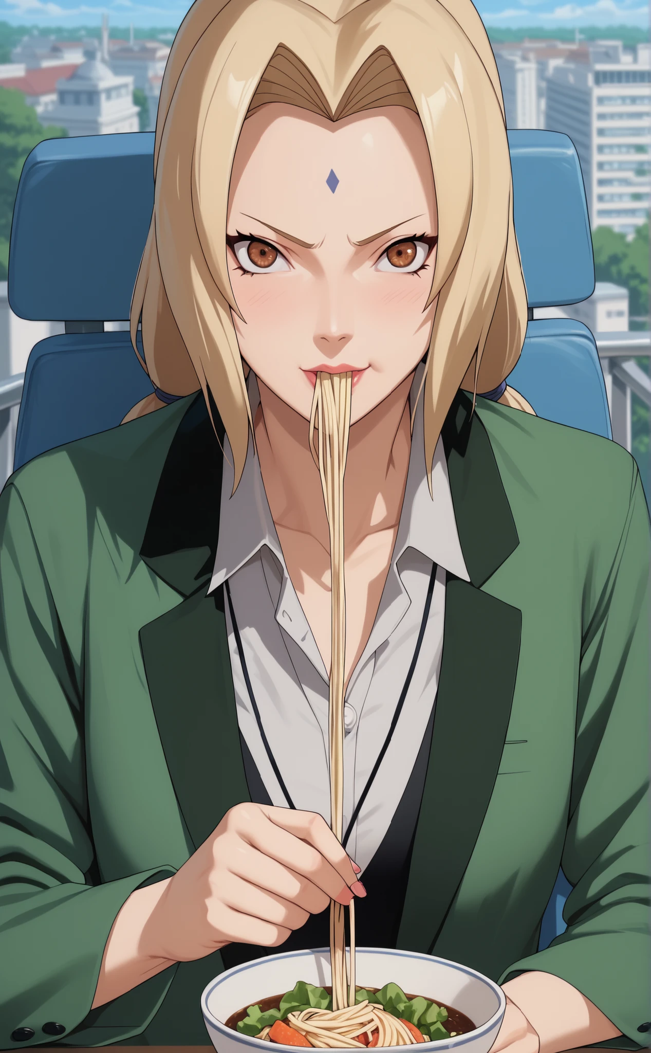 Score_8_up, Score_7_up, Score_6_up, Score_5_up, Score_4_up, Tag1, Tag2, Quality_masterpiece, Absurd res, Anatomically correct, Beautiful face, Perfect face, Highly detailed beautiful face and eyes, Attractive face, Detailed face, Delicate facial features, Detailed skin, Assertive female, Elegance Mature Female, (((Tsunade's has Blonde Hair, Brown Eyes, pigtail Hair)) Wearing Office Shirt, Blazer, Long Skirt, Eating Ramen Cup on The City Park,