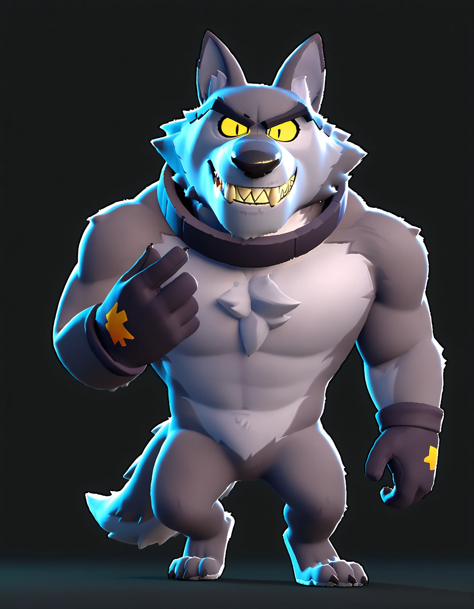 score_9, score_8_up, score_7_up, score_6_up, score_5_up, rating_questionable <lora:brawl_style_1_2:0.85, {tall}, source_cartoon, solo, 1boy, linnux,,(((dark gray fur, a light gray muzzle and yellow eyes, wolf, tail, black gloves, black nose, wolf ears, sharp teeth, fangs, furry, anthro)))+, furry male, muscular, smirk, full body,sfw_nudity, thick things, face and chest,arms and hands ,pecs&crotch,legs&feet,show chest&pecs,one hand on the chest,brawl,perfect detailed eyes,perfect detailed pupils, no humans,{{2d}}