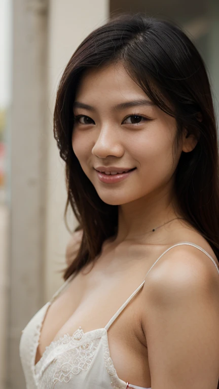 Bare shoulders with full breasts, red esthetic,  ((biting lips))
