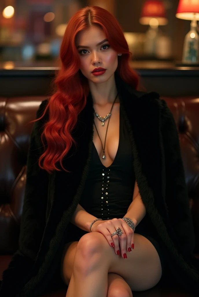 redhead haired woman sitting on a couch holding a glass of wine, anna nikonova aka newmilky, dasha taran, yelena belova, monia merlo, inspired by Elsa Bleda, anastasia ovchinnikova, aleksandra waliszewska, inspired by Hedi Xandt, olga buzova, sophie turner, she has red hair
