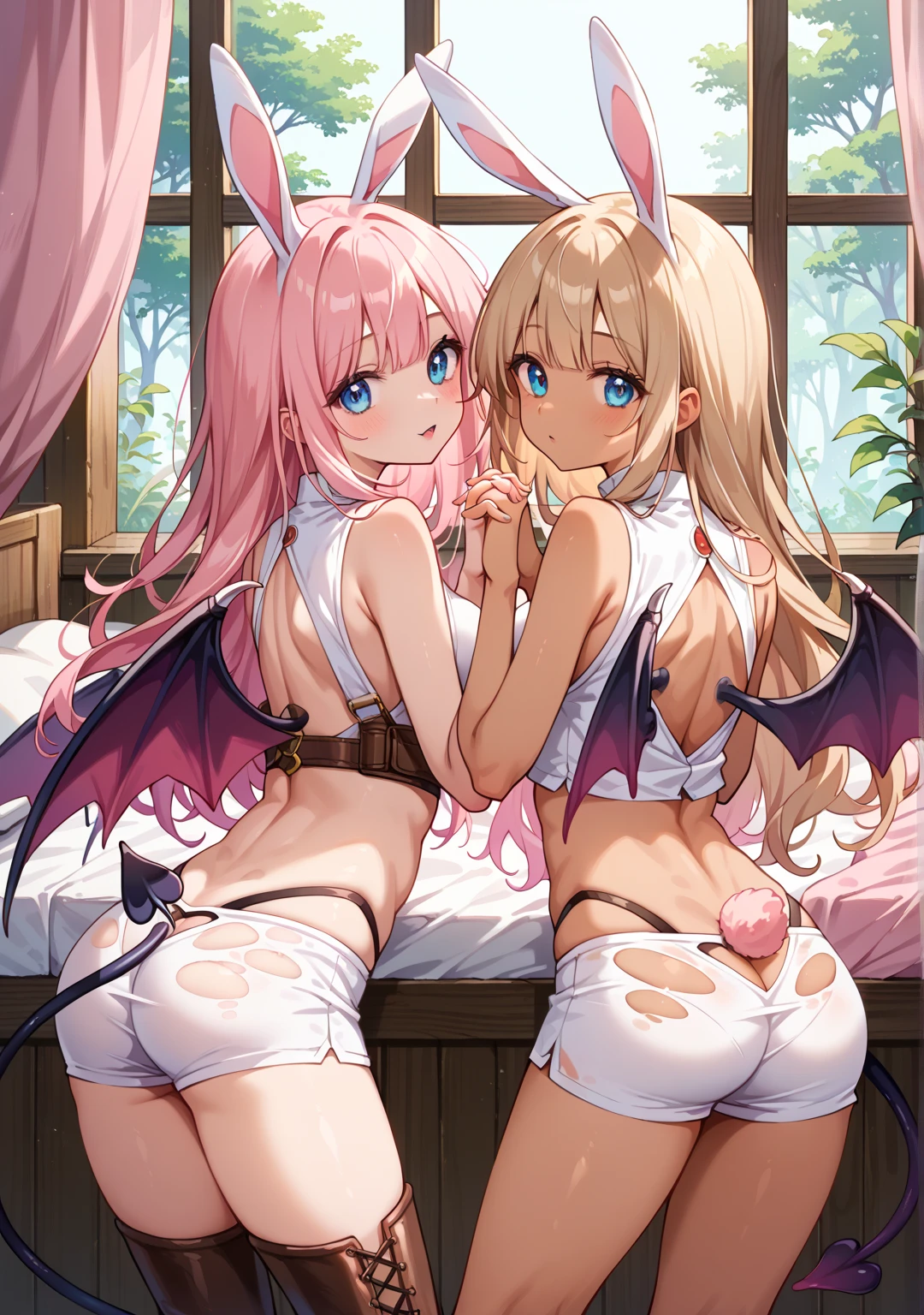 score_9, score_8_up, score_7_up, source_anime, highest quality, masterpiece, low-angle view,cum inside, duo, andromorph/male, dominant male, male on futa, humanoid/human, human on anthro, interspecies, small dom big sub, height difference, penis size difference, age difference, male penetrating, pussy penetration, doggystyle, standing, lifting person, arm grab, precum,ecstasy, orgasm face, trembling, sweat, panting, 2 penises, small penis, huge penis, balls, erection, (futanari, mature, larger female, white hair, very long hair, voluminous hair, devil, red eyes, dark skin, horn, tail, wing, bottomless female), (girly femboy, white skin, smaller male, pink hair, short hair, bob cut, hime cut, bottomless male)