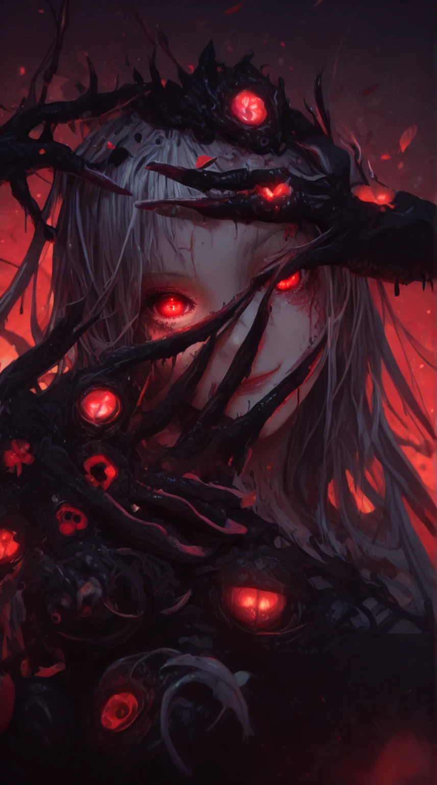 (Thriller Theme,Bloody and violent themes:1.3),(Unclean mollusk tentacles,radicalism:1.4),
Good details, (Glowing background),
Highest quality, wide angle super detail, masterpiece, 8k, Natural light, Soft lighting, sunlight, High resolution (High Dynamic Range), Maximum clarity and sharpness, Multilayer Texture,
Looking at the audience,Close to the audience,night,Unclean,
(Faith of the Dead,A totally malicious cult,Human Sacrifice Ritual,Creepy black mist and bloody mist,A creepy manic grin:1.4),(severe bleeding, self-injurious behavior:1.4)
1 girl,Upper Body,Perfectly detailed eyes and face,Frowning,Red eyes,Gray Hair,Skull and bones themed costume,Black gothic dress with beautiful details,Tears of Blood,
(Cult temple built entirely of skulls and bones,Skeleton Beam,Altar of Bone:1.4),
(Glowing Eyes,Disheveled long hair,:1.5),
Lens flare,Light leakage,