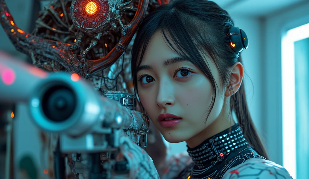 middle school girl、14years、Large gas mask、fur-coat、dictator、Big dragon tattoo、Tattoos all over the body、Glowing headgear、On the rooftop、Huge background is a neon sign、Leather gloves、long boots、Holding a Japan sword、Baseball armor、insurrection、Nuclear power plant in the background、Terrorist groups、Fluorescence Headgear、short-haired、bleu hair、Ignite fire from a flamethrower、middle school girl、14years、gas masks、high socks、Rooftop at night、City on fire in the background