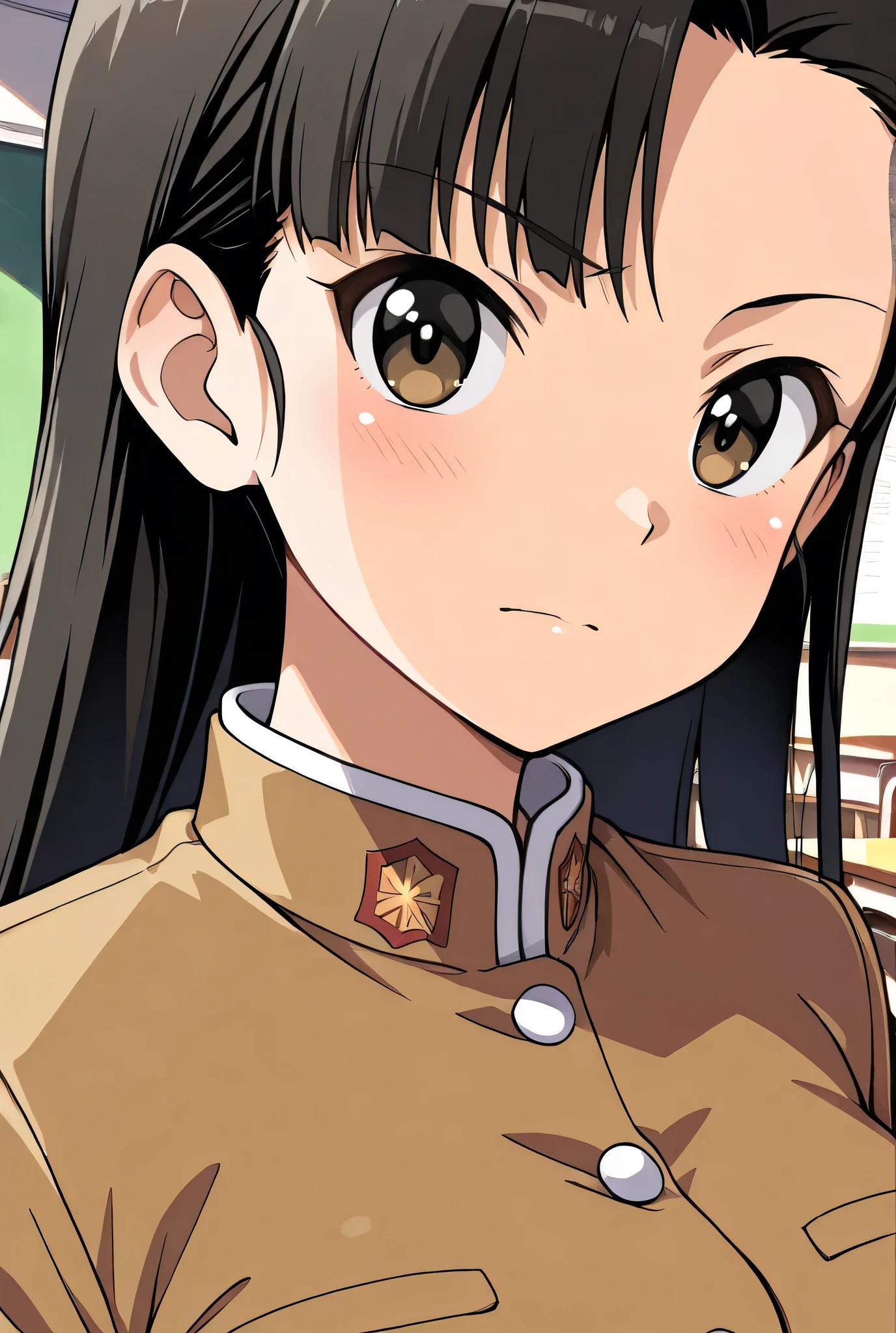 nishi kinuyo,chi-hatan school uniform,classroom,face focus,front view,looking at viewer,