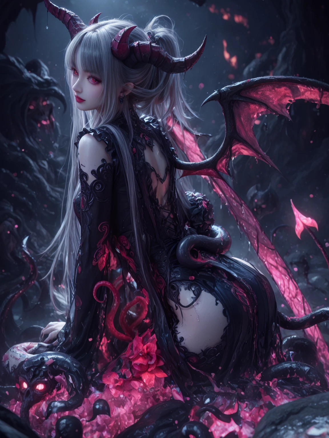 top-quality,(ashenhard style:1.4), masutepiece, Best Quality, High quality,(Has a deep pink glow and pink eyes、Dark shapeless creatures surrounded by darkness:1.2), (In profile), (darkness:1.2), abstraction, Deep sea, awardwinning photo, depth of fields, nffsw, Very detailed, Trending in art stations, Trending in CGsociety, with an intricate, high detailing,(masutepiece:1.2, Best Quality), (The best lighting, Very delicate and beautiful), (The best lighting, Very delicate and beautiful), (beautifull detailed face), (Detailed eyes and detailed face:1.2), Dark Fantasy, (Young Girl, Little beast, 1girl in, Solo, Crazy smile, pale skin,19 piercings,((tattoos all over body,Tribal tattoos all over legs)) Pink hair, glowing pink eyes, Dynamic Angle, Vampire), (get chains, magic circles, graffiti on the walls, In the background)),Get demons to be summoned), Magic Thunder, spiky_Ears, tusk,Demon Wings,Demon Horns,blood on face,Blood Rain,blood mist,(depth of fields),High contrast,(blood splash:1.4),Cowboy Shot,Full body, Black Lace Up Thigh Boots,Shout, sacrifice, Magnificent stage, Twin-tailed