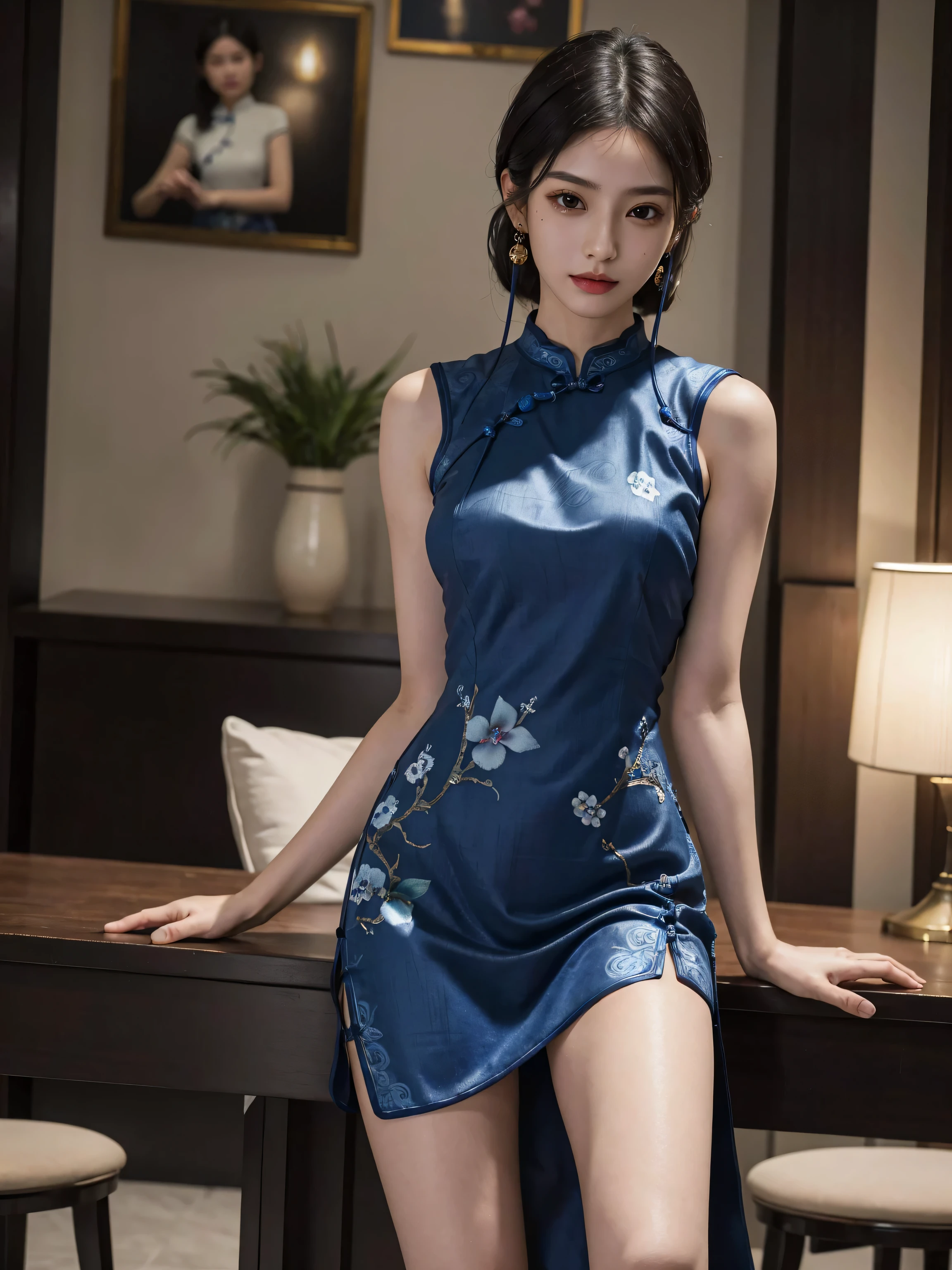 absurdres, RAW photo, extremely delicate and beautiful, masterpiece, Best Quality, ultra high resolution, 32k, hyperrealistic, ultra-detailed, Very detailed CG 8k wallpaper, detailed background, landscape, Beautiful Lighting, Perfect Lightning, Realistic Shadows, perfect anatomy, anatomically correct, ideal ratio body proportions, perfect figure, Perfect Style, Perfect balance, super Detailed skin, in her 30s, very Slim body, narrow waist, very small head, very small face, delicate facial features, handsome detailed woman, very detailed eyes and face, realistic face proportions, Realistic beautiful face, Realistic beautiful eyes, tearful mole, earring, ((full body shot)), ((full legs)), full feet, ((very huge round tits)), medium hair, asymmetrical hair, wavy hair, outdoor, ((indigo cheongsam)), sleeveless,