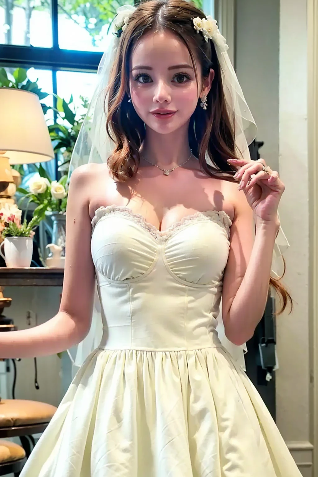 best resolution, half-body shot , woman, 2heads, blonde, black hair,wedding dress