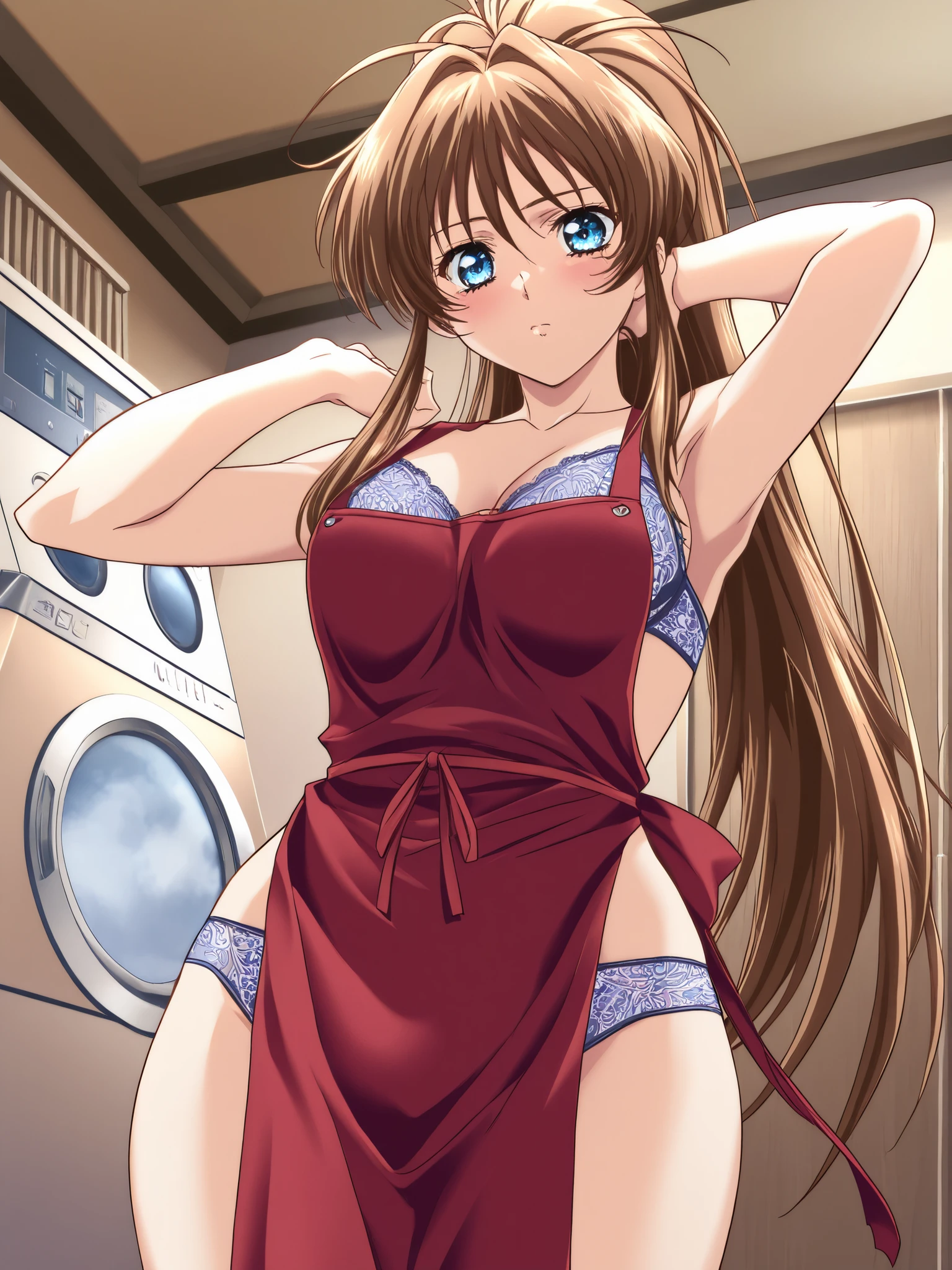 masterpiece, Highest Quality, newest, high image quality, No posts , 1 girl on break day, Yokota Mamoru Style,1 girl on break day, thin face,motion line on one side, solo score_core_8_up、score_7_up、source_anime,solo,1 girl, blush
Asai Ayaka,brown hair, ponytail, clear blue eyes, iris, normal breasts, [wide hips on white, curvilinear,long hair,
Home ,laundry,View ,washing machine,apron, (fantasy lingerie,green,Complex Pattern, transparent underwear),(from below)