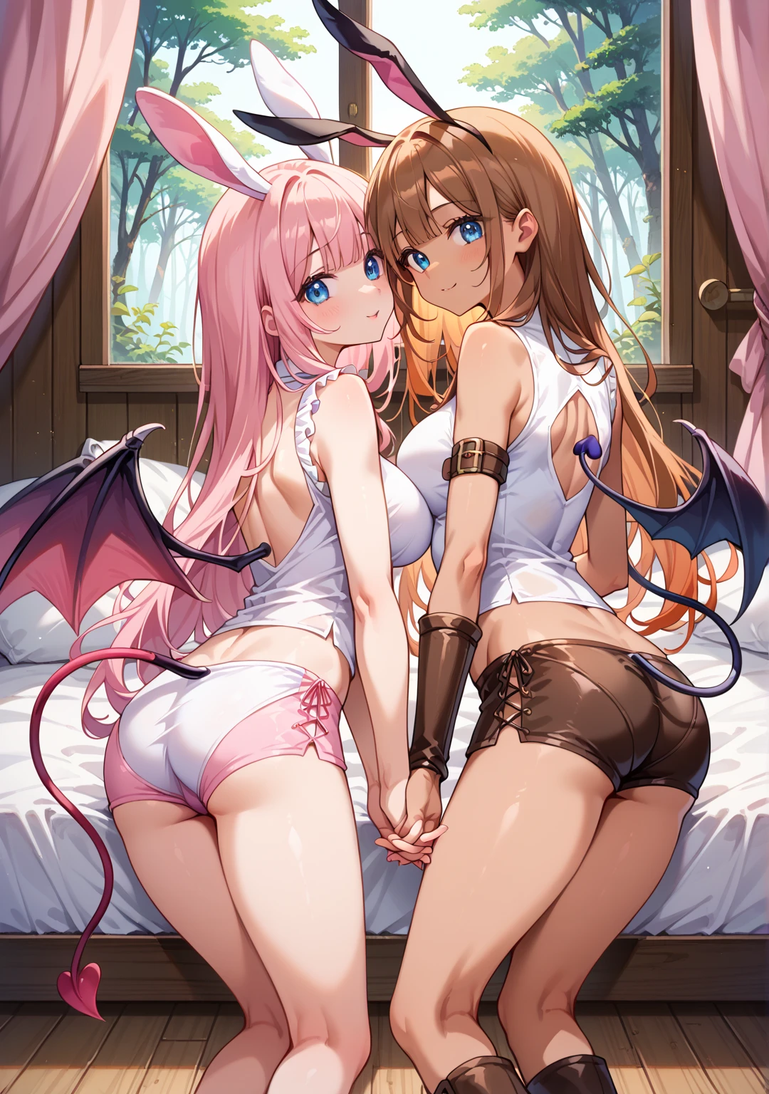 Cute and sexy girls, Pink hair, bunnygirl, A hyper-realistic, Detailed Lighting, Anime, NSFW can see her pussy
