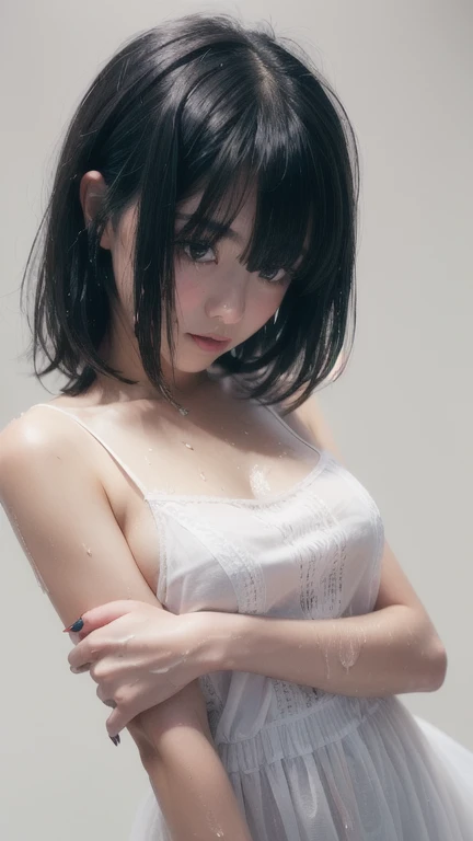 (best quality:1.2), masterpiece, Realistic, (Photo of a beautiful Japanese idol 12 years old woman:1.2), (Gaunt:1.3), (((Very flat chest:1.4))), ((Baby Face)), (Wearing Mini dress), (((Show me your sweaty armpits:1.2))), ((Upper Body:1.4)), (arms up), (focus on her armpit:1.3), ((Armpits are wet and shiny with sweat)), She has skin that sweats easily Soaking wet, (topless:1.2), ((I can see my pores:1.2)), Hold on to the railing of a train, (Inside the train:1.3), (Crowded train:1.3)