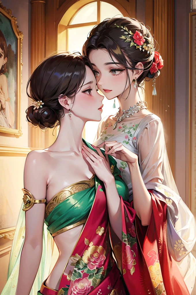 ((Realistic: 1.5),((Best quality)), ((Masterpiece)),((Detailed)), (1girll), {A beautiful woman dressed, (Upper body: 1.3), super wide shot, focus onface, mature, Sexy, Toned muscles, Long legs, Curvy, Barefoot, Medium breasts, Open neckline, Sagging breasts, Thick thighs, Wide hips, Thin legs, Green eyes, Long black hair, floated hair, Long eyelashes, (Detailed face, beautidful eyes, Detailed pupils, Detailed clothing features, Light background: 1.3), (Bindi, Jumkas: 1.3), (armlets, haar, payal, Mantika, Jumkas, Kamalband, bangle: 1.3), Mysterious ancient ruins, floresta exuberante, Deep canyon, bridge, River, cliff, Cloud, lakes, rock music, Waterfalls, Flowers, Grass, Heavy fog, grape trees, tree, Smoke, Best shade, bright detail, Sharp, Perfectcomposition, Intricate, Sharp focus, Dramatic, author:Frank Frasertta, author:Julie Bell, author:Olivia de Belladenis, author:Luis Royo(Luis Royo),by Boris Vallejo, (mirror lighting:1.3),rim-light, A princess, Real nudes, Hug and touch each other, Tease a friend's belly, Tease a friend's buttocks, Blushing friend, Biting a friend's earlobe, Hug each other from behind, Touch your friend's breast from below, There is a green mask in the mouth, --auto