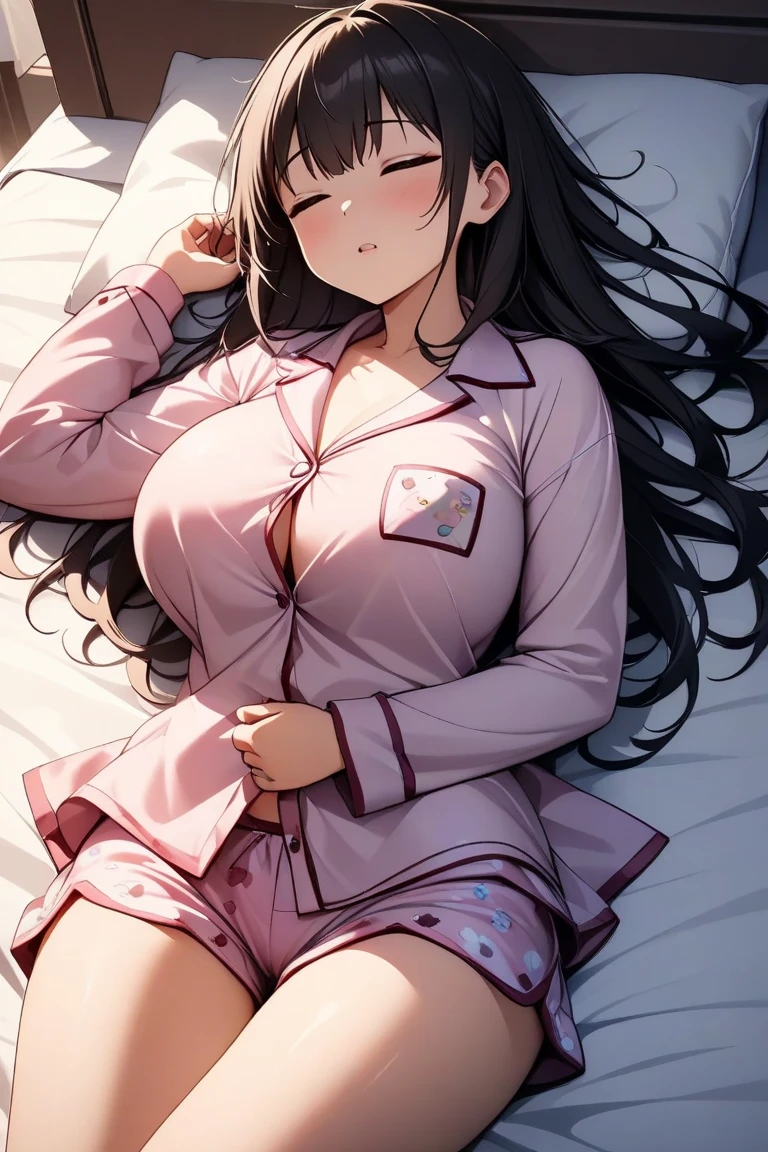 An anime-like picture、1 Girl、pajamas、Cleavage、On the bed、blush、Embarrassing