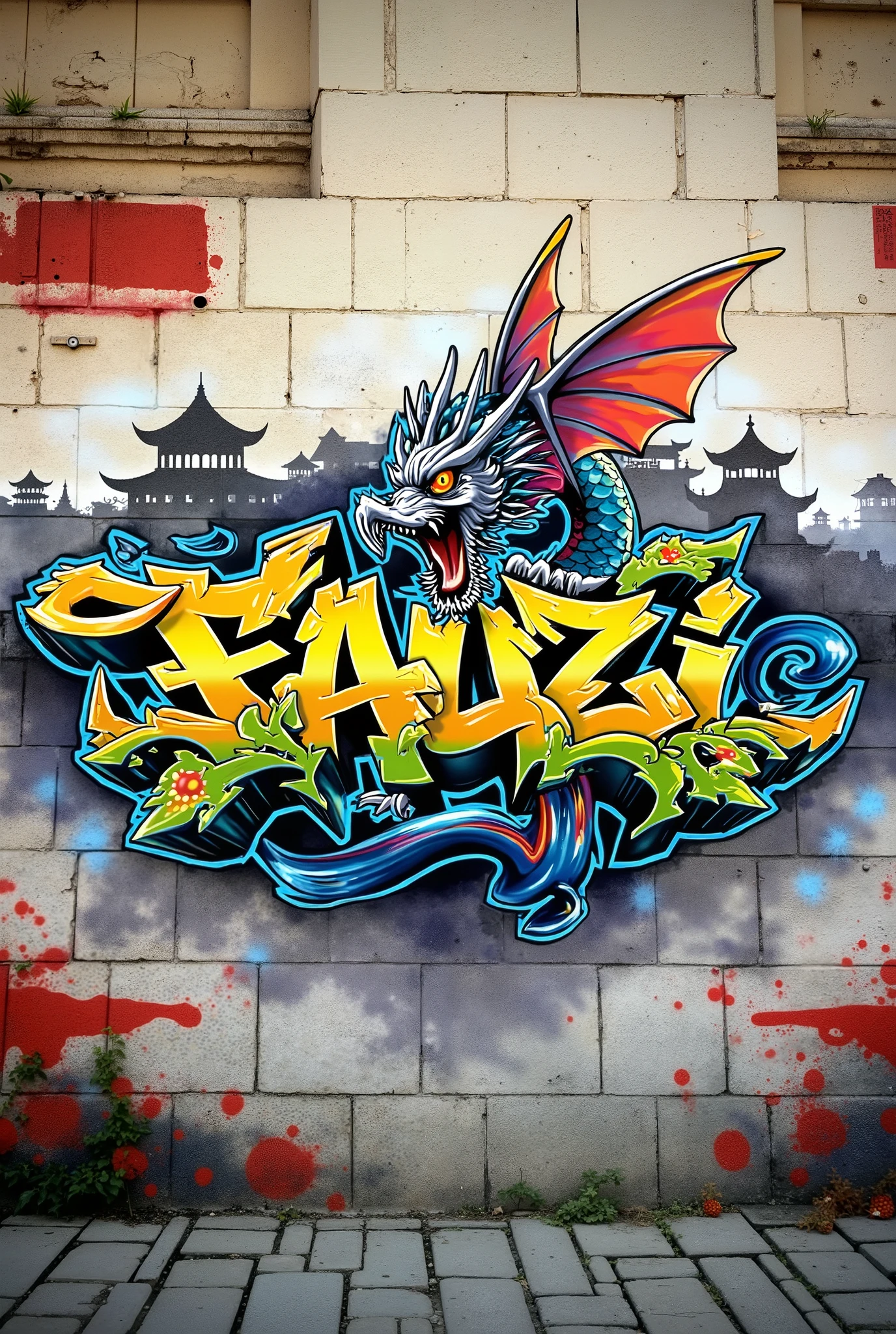 Graffiti spelling 'Fauzi' on wall background, winged dragon, China, rooster