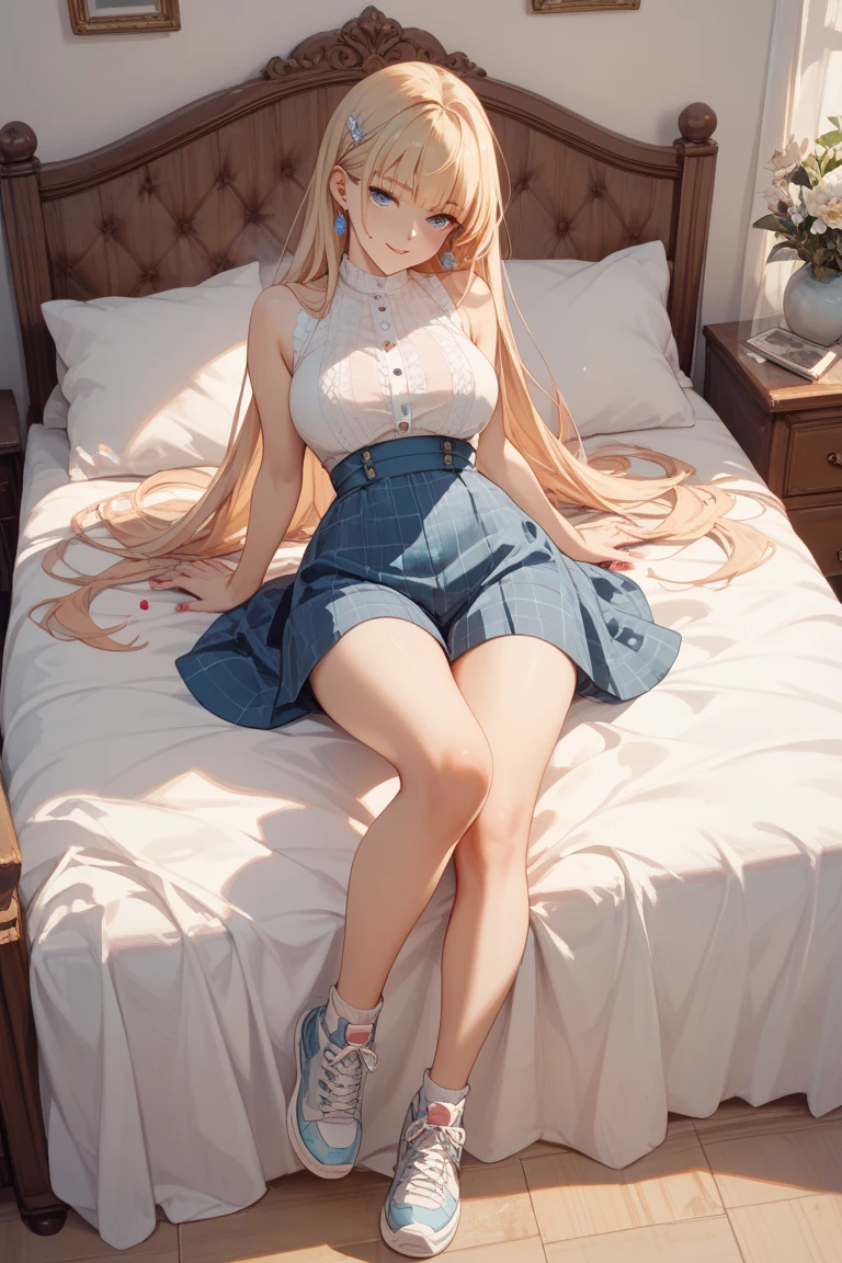 Beautiful girl sleeping,ar old,listic and realistic,Bare legs,Bare feet,Long brownish-yellow hair,Lie down in bed,A sweet smile in your sleep,Top-down perspective