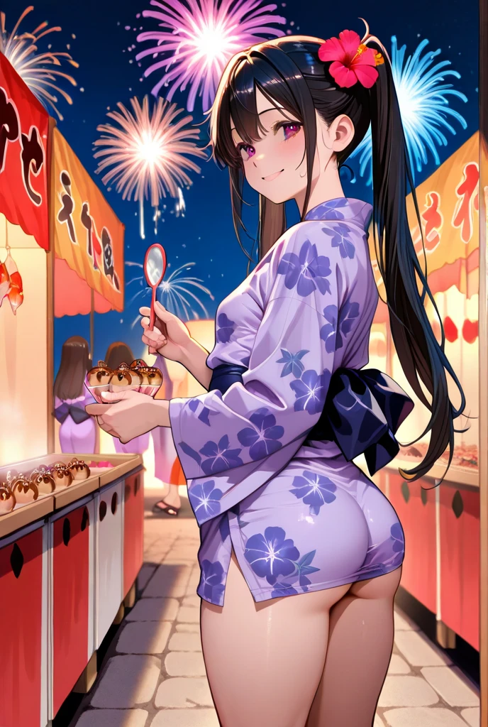 Masterpiece,Highest quality,Detailed Background,night,Fireworks seen from between the food stalls,1 Girl,Red eyes,smile,Long twin tails,Brown Hair,Eyebrows visible through hair,Flat Chest,Blue yukata,Cleavage,Nipples,upper body,behind 1boy,kiss,hetero,breast grab,steam,orgasm,