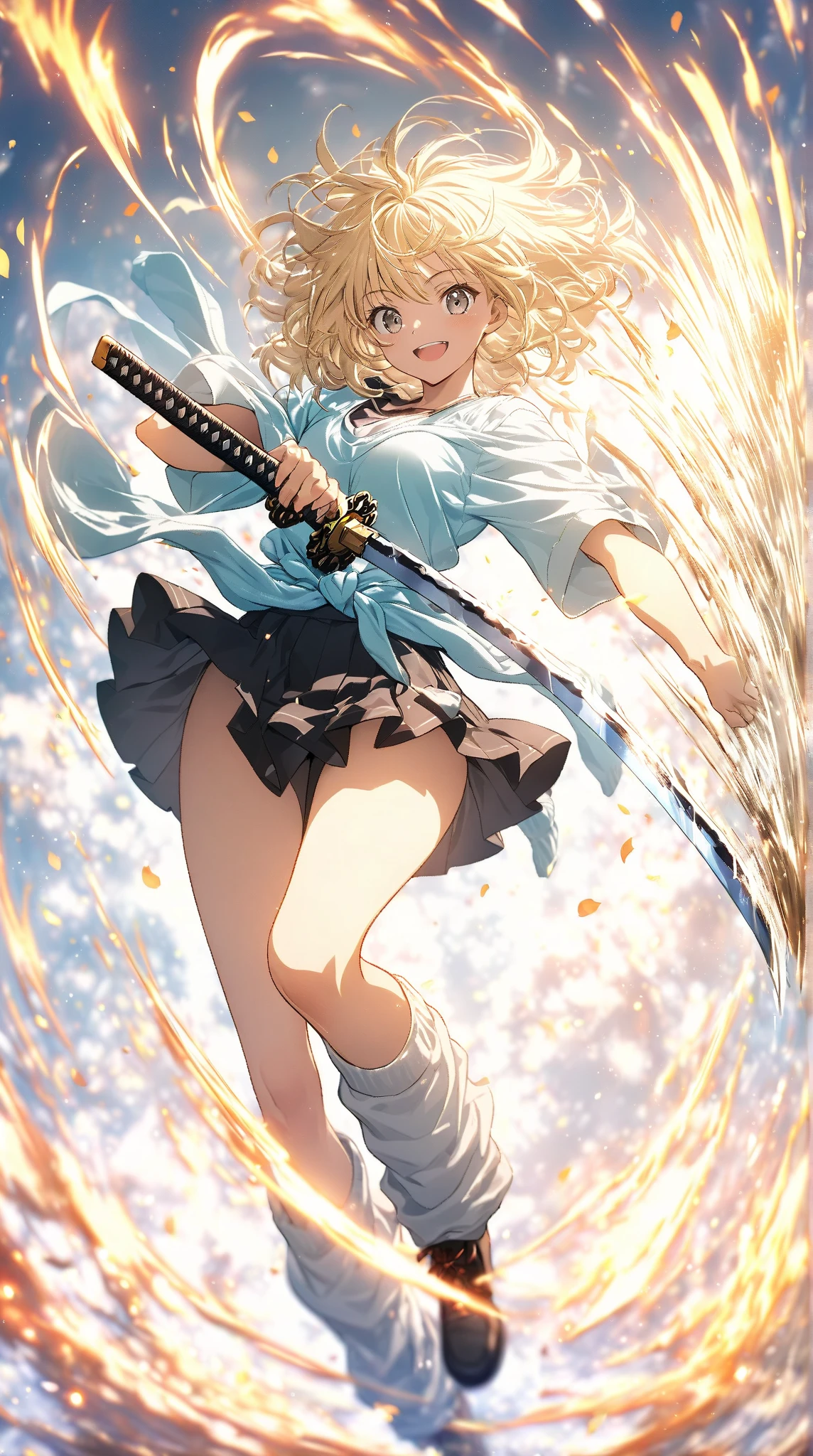 1 garota, cabelo ultra longo, rosto ultra detalhado, shiny lips, Olhos azuis brilhantes, rabo de cavalo muito longo, caminhada elegante, passarela, segurando uma katana gigante, loiro, long eyelashes, botas longas , looking at the sky, starry sky, a ultra giant katana, Uma folha de modelo abrangente para um personagem, incluindo vista frontal e vista lateral, with detailed perspectives and angles