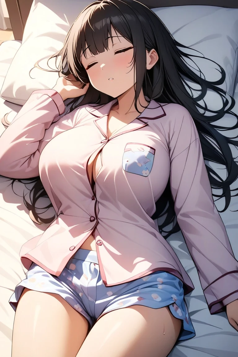 ((table top, highest quality, High resolution, nffsw, perfect pixel, 4K, nffsw, nffsw))), 1 girl, single, alone, Beautiful woman、I could see the whole body、 ((Middle wavy hair, bangs, brown hair)), ((brown eyes, beautiful eyelashes, realistic eyes)), ((detailed face, blush:1.2)), ((smooth texture:0.75, realistic texture:0.65, realistic:1.1, Anime CG style)), medium breasts, dynamic angle, perfect body, ((white shirt, unbuttoned shirt、not wearing shoes、Kamimehi laughter、Cute shy smile、fun expression)), lying in bed、(nipples are visible、open both legs、open your knees wide、Reach out and grab the bed sheets、white lace panties with light blue floral pattern)、、(white lace bra with light blue floral pattern)、