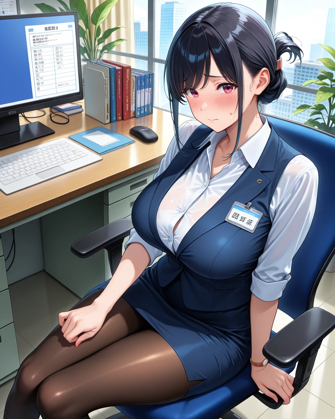 business suit、(Big Breasts)、(((solo)))、At the office、(curvy)、smirk、((owncast eyes))、from below、Hung glasses、
