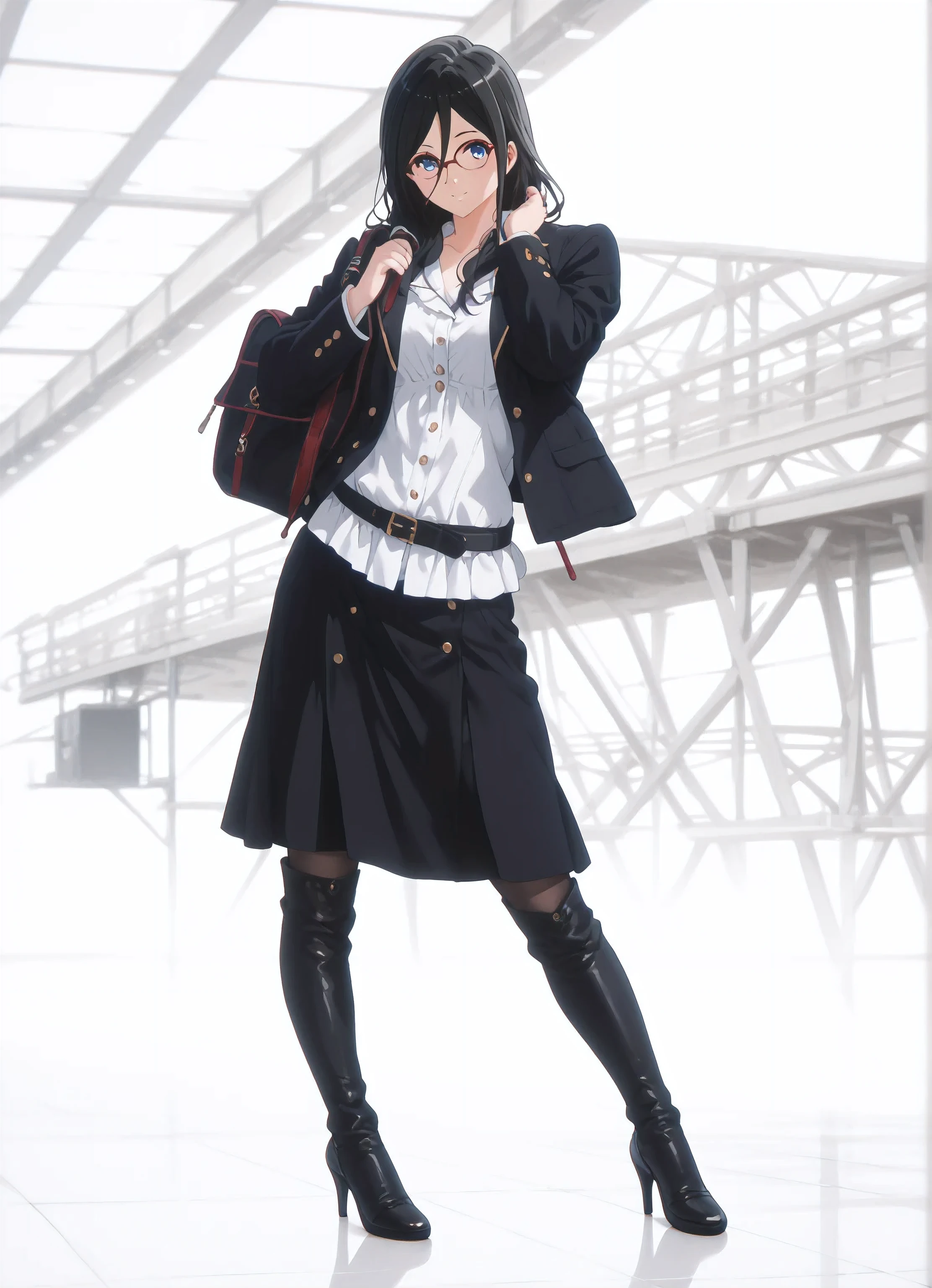  ((inspired by Asuka Tanaka:1.2)),(inspired by Kyoto Animation Style),(masterpiece, best quality),beautiful, beautiful-woman, ((detailed face)).(full body:1.3).,
  
 ((black hair)), glasses, blue eyes, long hair, over-rim eye-wear,cowboy shot, semi-rimless eye-wear, between eyes .(red-framed glasses:1.2),

The woman is wearing black over-knee-stockings ,(black over-knee-stockings).((black Thigh length boots with high heels)).,





