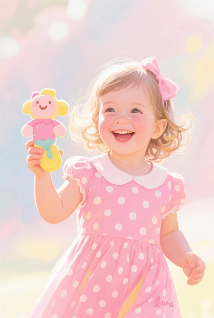 A 4-year-old brunette Brazilian child, expressive eyes and honey, thick, curly black hair, lollipop pendant on chain , lilac dress, blue and pink pacifier, flower park background