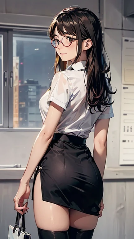 Girl with long black hair, wearing a low-cut blouse and a mini skirt. White-panties. thick-thighs, Waist slender, breasts big, Red lips. focus on the ass. big-ass.