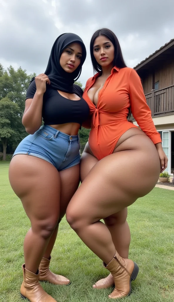 two women, A blonde woman, a black woman, breasts big, thick-thighs, big-ass, Wearing a bikini, back to back, showing off her ass a green and red hoodie pink sweatshirt shorts white sweatshirt short skirt