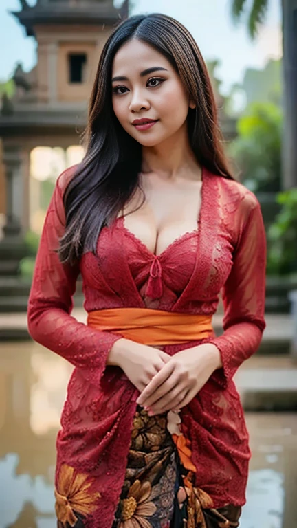 masterpiece, malaysian girl, indonesian girl ,ultra realistic,32k,intricate details, sharp focus, realistic, closed, seductive pose, black eyes, jewelr, lips, realistic, looking_at_viewer, wet skin, shiny skin, SHORT SLEVES, indonesian clothes, bali, balinese, cityscape, transparent standing pose,(( red kebaya)),perfect breast, big breast, full body,busty body,curvy body,long hair,beauty face,cowboy shot,