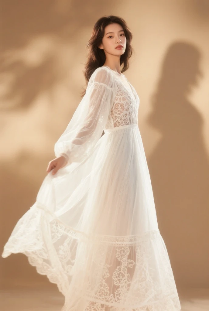 magazine cover,flowing sundress, white sneakers, lace detailing ,elegant