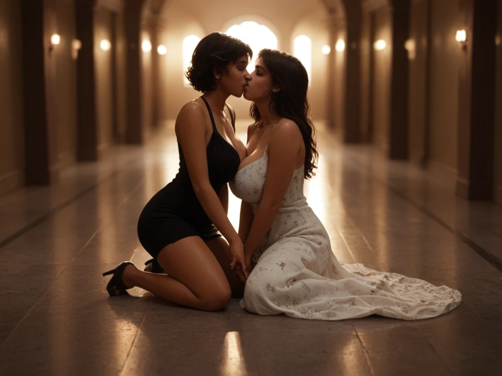 A scene where a beautiful rich sharp elegant gorgeous mistress sitting on a chair in heels with thick thighs and a servant serving her food and a poor guy is kissing her feets for seek blessings