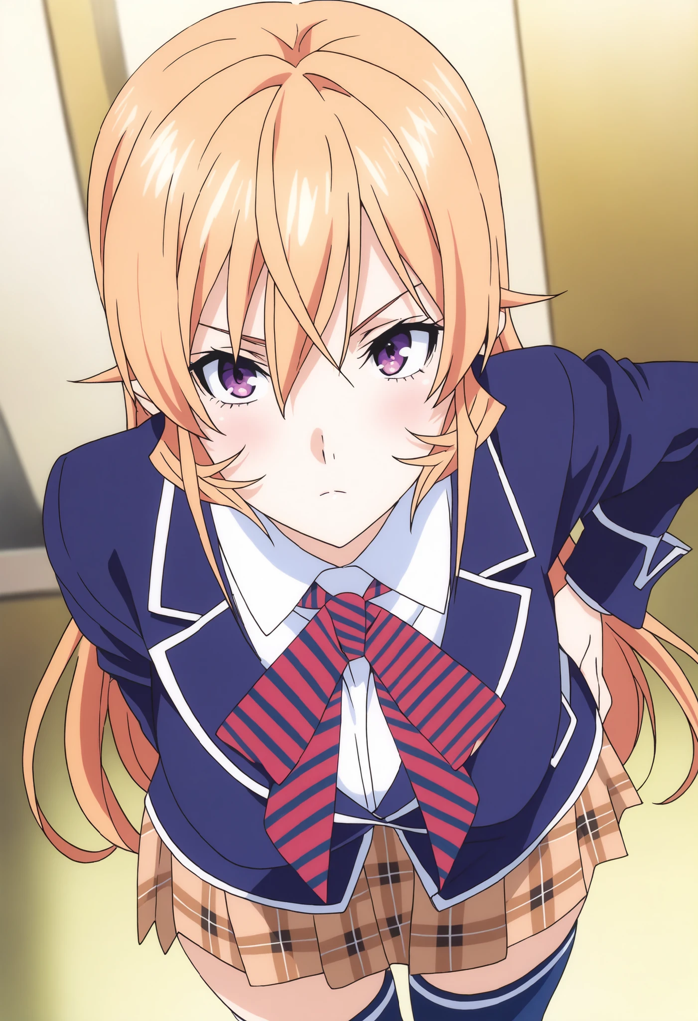 masterpiece, best quality, very detailed, , masterpiece, best quality, eyelashes, (Beautiful Eyes), cowboy shot, anime, Official Illustration,,Nakiri Erina, long hair,blonde hair,hair between eyes,purple eyes,school uniform,blue jacket,blazer,wing collar,red striped necktie,white shirt,collared shirt,long sleeves,large breasts,,mini brown plaid skirt,blue thighhighs,, standing