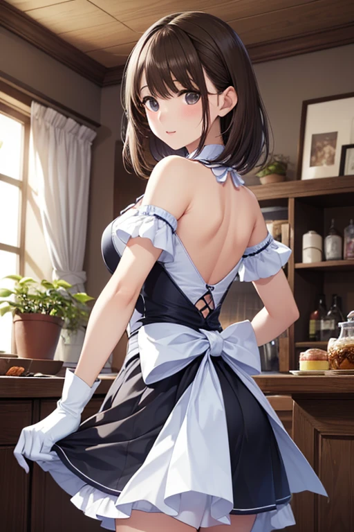 (dynamic angle:1.3, front view:0.9, breast focus:1.3, from below:1.2), (dynamic posing:1.5, sexy posing:1.3, leaning forward), (seductive smiling:1.3),masterpiece, 1girl, pointed chest:1.3,(double breasted:1.2,under bust:1.2), Amazing Cleavage:1.3, thin waist, big ass, Raised sexy, small breast: 1.6, posed cleavage:1.2、solo, looking at viewer, open mouth, silver bronde hair, blue eyes, bare shoulders, collarbone, sidelocks, hairband, sapphire earrings, indoors, red off shoulder sweater dress, arms behind back, short hair with long locks, blue gold hairband, big side hair, very long side hair is rendered in (masterpiece: 1.2, best quality), with (ultra high resolution) and an exquisite (depth of field). This masterpiece is not only visually stunning but also tells,A scene of cooking in the kitchen 