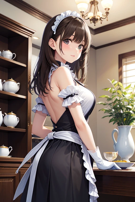 Absurd resolution, high resolution, (masterpiece:1.4), ultra-detailed, 1girl, in beautiful frock , seen from above, kitchen ,cooking food, wide-angle lens distortion