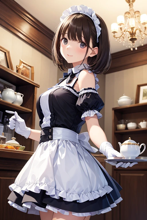 firm and large breasts, Chest, A realistic photographic composition framed from Slightly below the shoulder of a female server standing in a maid café interior, allows her entire head to fit perfectly within the frame without trimming. and the removable lace collar with pearl buttons is at the nape, Teapot, ceiling beams. The subject wears a tailored black cotton blend dress with a square neckline trimmed with white lace, short puff sleeves framed with lace, over the、on the left hand with gloves The macaron plate is balanced. A crisp white apron with frilled straps crosses at the back and ties in a bow at the waist, 、is lined with small buttons covered with cloth on the front. accurate white point calibration allows the color balance to be neutral, and white latex gloves cover her hands. The subject is、whiteいレースで縁取られた正方形のネックラインが付いた仕立ての黒い綿混紡ドレスを着ています。. Behind her, 。due to its shallow depth of field made of 85 mm of prime、are all soft and fuzzy。f, wooden table and chair with floral seat cushions, and colorful pesto in a glass display case Lee, decorative fabric bunting, vintage cash register on the wooden counter, The small potted plants on the shelf, and lace curtains are faithfully reproduced, } フリルのついたストラップが付いたぱりっとしたwhiteいエプロンは、back crosses the window and stretches from、with a bow at the waist/2.reflective highlights on metal and floor surfaces, create smooth round bokeh. She has a shiny round silver serving tray with porcelain teacups. The color balance is neutral with accurate white point calibration, The black, white, The decoration is 、while maintaining the natural skin tone and metallic tray's luster、Victorian decor and modern cozy accents. Slightly below the shoulder,,
,((( masterpiece, Highest Quality, high resolution, 超 high resolution, pixel perfect , description boundary depth, 4K, RTTX10.0))),
、Anegasaki Nene, shiny brown hair, beautiful brown eyes, smiling face, sparkling pupils, (fine grain), , highly detailed face,, (masterpiece:1.2, best quality), ((only1 girl)), ((cowboyshot:1.5))