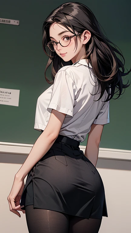 masterpiece, best quality, best lighting, shadows, perfect anatomy, 1 girl, adult anime girl, 21 years old, mature features, showing tits, bitchy face, pretty lips, pretty eyes, black wavy hair, black eyes, seductive eyes, blushing, flirty, pretty smile, tiny red skirt, wet white tight shirt, classroom background, ass, breast, thighs, seductive, spicy, hot, flirty, nsfw,