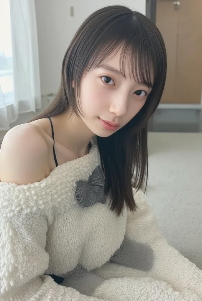 bright表情、photorealistic stick:1.32、highest quality、超A high resolution、Photos of the most beautiful Japan girls、cute and beautiful face details、small face、(Pueros face_V1:0.008)、美しいbangs、14 years old、Brilliant white skin、hair gets tangled in face、顔まで伸びるbangs、bangs、hair between eyes、super long hair、charming brown silky hair、bright、Clear light blue eyes shine charmingly、ample breasts、ダイナミックなポーズhighest quality、disorganized、((the cutest girl in the world))、Japanese、14 years oldの女の子、sitting on the sofa bed、((dress with frills:1.3))、(half up hair:1.3)、(tie with a thin ribbon)、nice and cute、innocent smile、nice smile、Bumpy chest、(small breasts:1.3)、slouch、ponytail、brown hair、thin waist、detailed beautiful eyes、face forward、Upper body、close up of face、Front view、