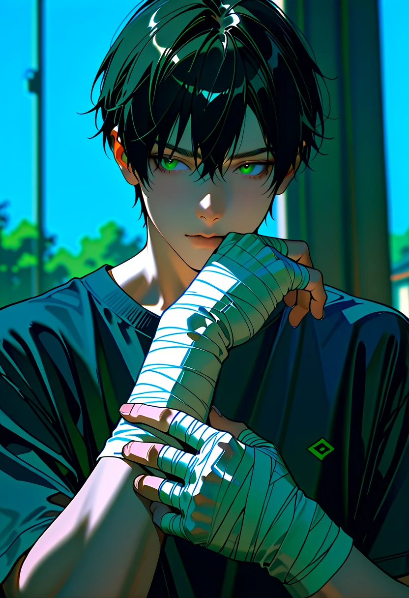 Creates a wet 18 year old man with straight black hair with his face covered by bandages sitting on a couch in a dimly lit living room