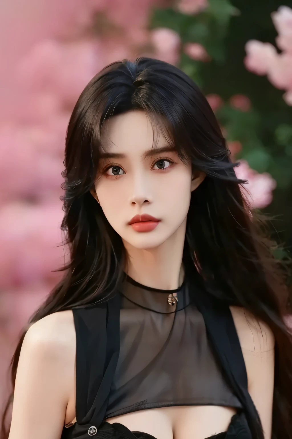 Beautiful Woman with Perfect Body:1.4,Layered Hairstyle,prominent cleavage:1.2,highly detailed facial and skin textures,Double eyelids,Skin Whitening,long hair, black silk suspenders