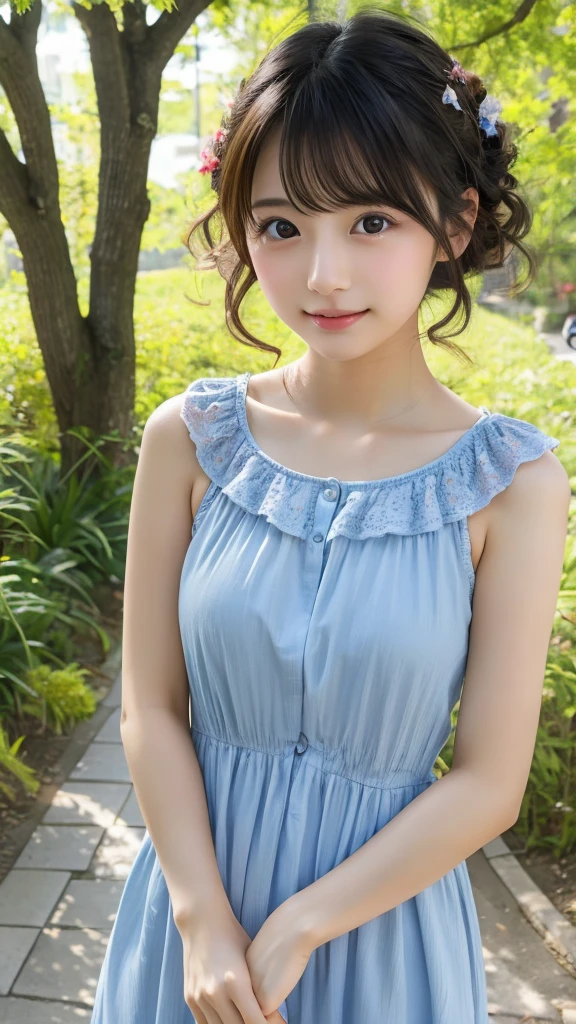 sixteen years old, japanaese girl, Summer dress, (Face Focus) , hair scrunchie, , (High color saturation:1.0), (highlydetailed skin), (Best Quality:1.0), (超A high resolution:1.0) ,(photographrealistic:1.0), (ultra-detailliert:1.0), (8K, Raw photo:1.1), (Smile:0.7)