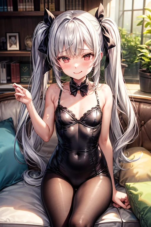 beautiful girl, young girl, young, innocent, small breasts, twin tails, choker, highest quality, masterpiece, 8K, 超A high resolution, Photoreal:1.4, beautiful face、symmetrical eyes, ribbon, frills, race, Furifuri, fold your arms behind your back, Thighhighs, knee high socks, embarrassing, nipple, pure white background