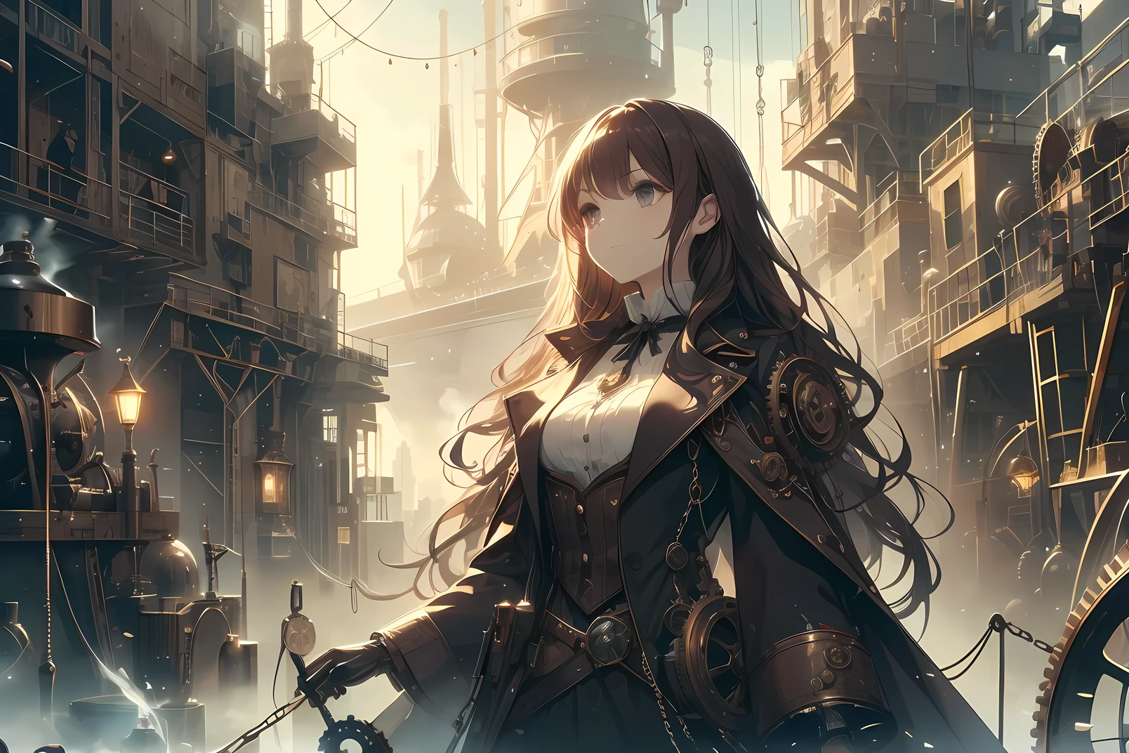 Steampunk world, mechanical devices, gears, woman looking up at a giant pendulum clock, aristocratic outfit, long wavy hair, dark brown hair, steam engine