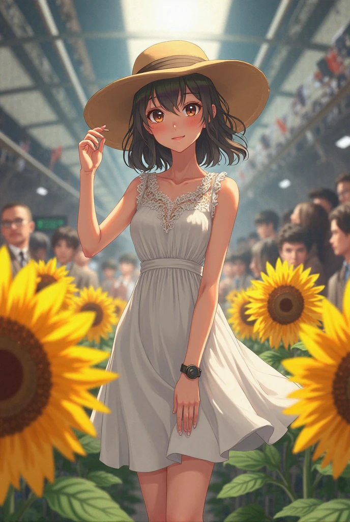  high definition images、fuwa aika、Uma persona、Uma pessoa、anime(white lace dress:1.2)、Relaxed Dress(Sun Shade hat:1.2)、 sunflower field、Sob o sol、ogipote 、Watch Viewer、vento、dynamic、Strong light and dark、dynamicなポーズ, The background is set in human reality, In a subway with real people. The image creates a contrast between the girl in the anime and the realistic environment of real urban reality