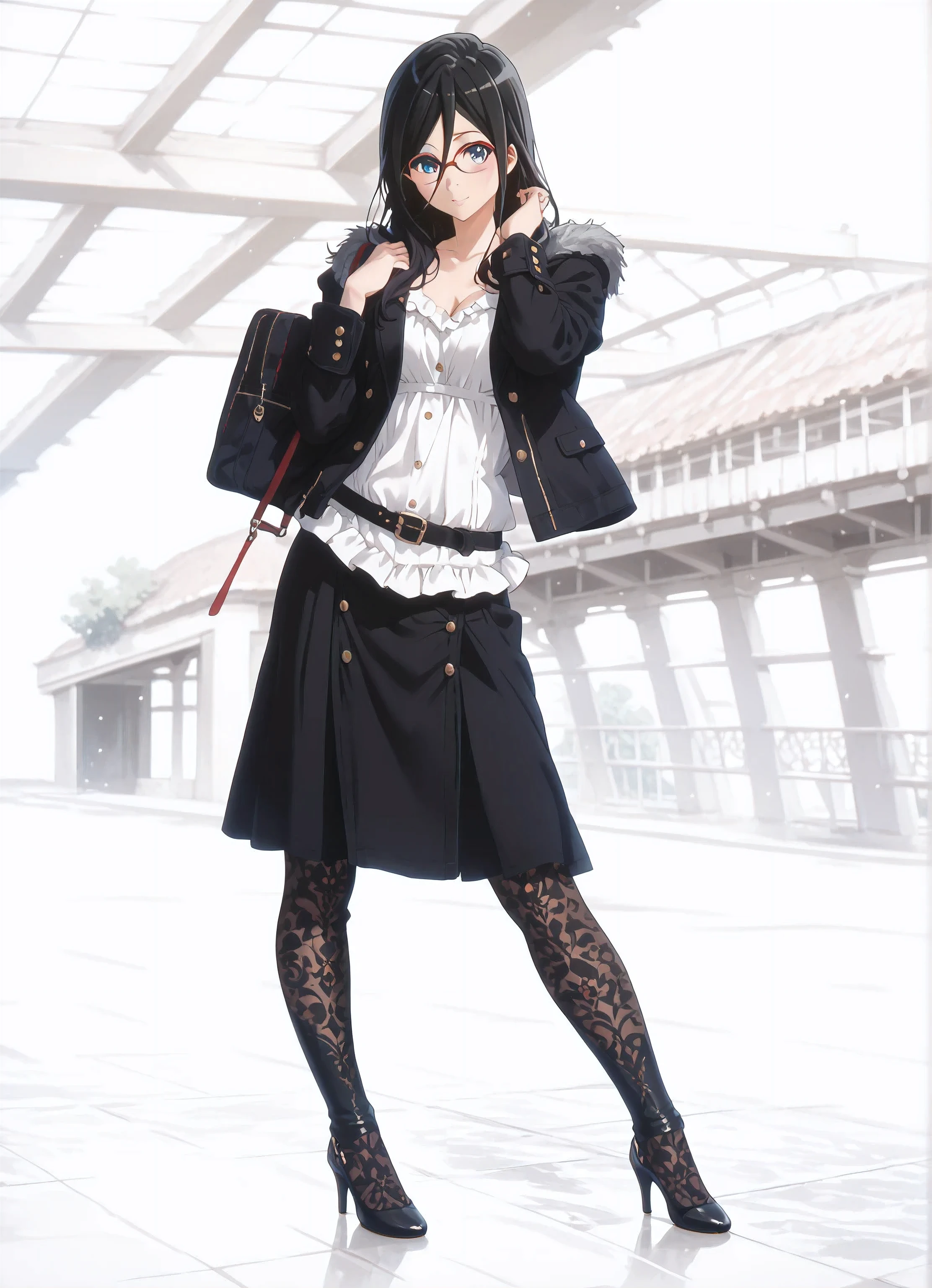  ((inspired by Asuka Tanaka:1.2)),(inspired by Kyoto Animation Style),(masterpiece, best quality),beautiful, beautiful-woman, ((detailed face)).(full body:1.3).,
  
 ((black hair)), glasses, blue eyes, long hair, over-rim eye-wear,cowboy shot, semi-rimless eye-wear, between eyes .(red-framed glasses:1.2),

The woman is wearing black over-knee-stockings ,(black over-knee-stockings).((black Thigh length boots with high heels)).,no lace-up,






