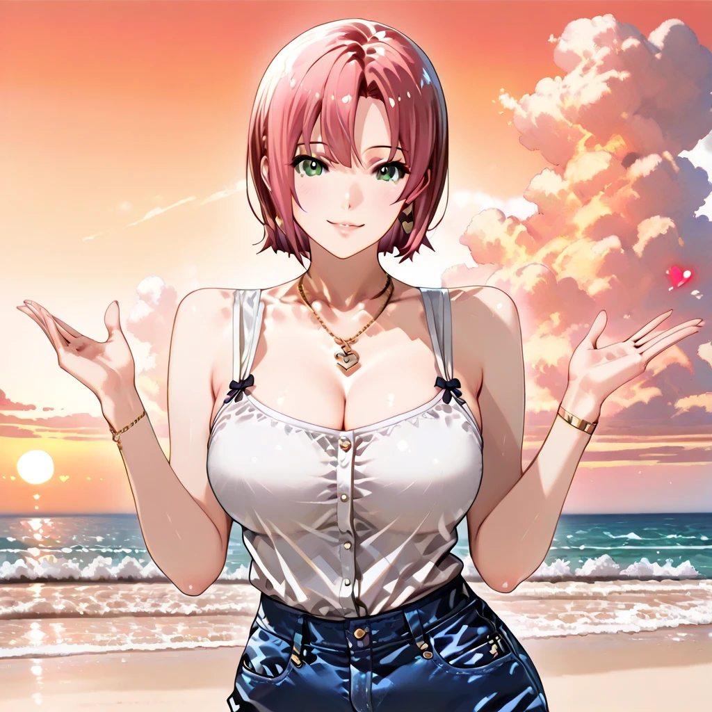 (Masterpiece, BestQuality:1.3), (ultra detailed:1.2), (hyperrealistic:1.3), (RAW photo:1.2), High detail RAW color photo, professional photograph, (Photorealistic:1.4), (realistic:1.4), professional lighting, perfect anatomy, (Big Breasts:1.2), (blush, detailed face), (cheerful Smile:1.5), Trending Hair&Trending Hairカラーをランダムに, earrings, necklace, bracelet, sexly, erotic sexly, Random sexy gravure poses, (A pink-haired woman wearing shorts and a tank top at a beach barbecue、Helping out at the grill。:1.3)