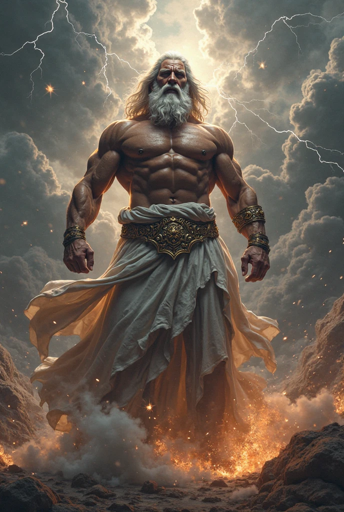 Fais un demi dieux humain de  taille qui tiens l'éclair de zeus dans sa main 