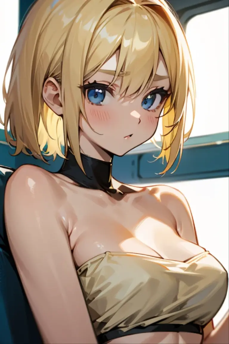 a beautiful blonde haired girl 、Tube top、Beautiful clavicle、korean fashion、very slender、おっきなおっぱい