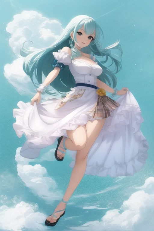 hands back, sexy pose, horny smile, light blue short-sleeved shirt, loli, woman, big breasts, white dress, light blue belt, small floral prints, light blue pointed high heels, white socks, white sun hat Wide Brims, Best Quality, Masterpiece, Illustration, Extremely Delicate and Beautiful, Extremely Detailed, Amazing, Finely Detailed, Masterpiece, Best Quality, Official Artwork, High Resolution, Extremely Detailed, Beautiful Detailed Woman, Thick Legs, Big Thigh , beautiful detailed eyes, light on face