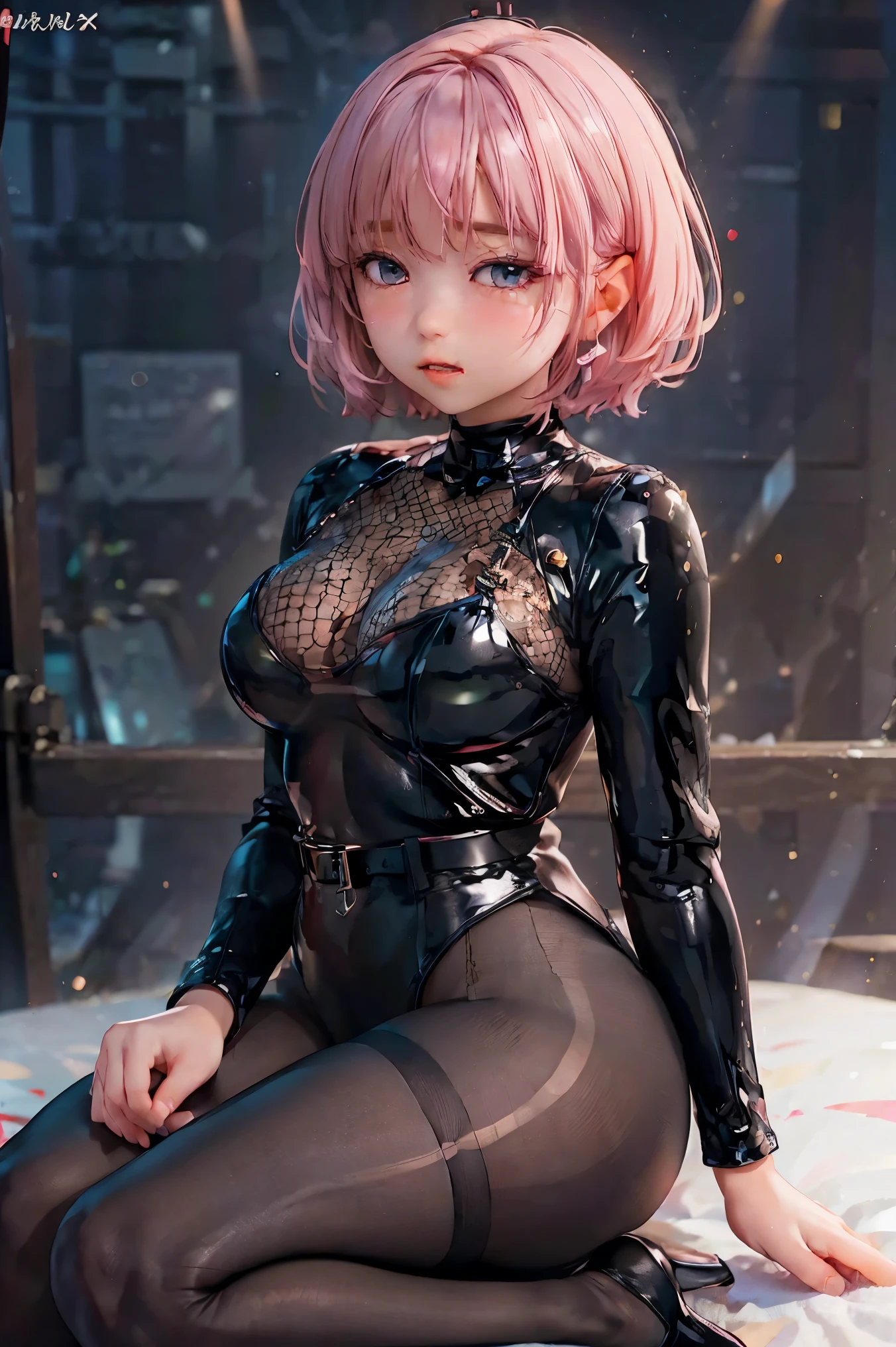 master piece,best quality,ultra detailed(Highest Quality:1.2), 20 year old girl is kneeling, was brainwashed,  blushes,  ,  pale skin, Realistic pretty girl , Pale face, European face, Noble Face,  closed eyes,  lips that make you feel the chill ,Open your mouth and cry, distressed expression,  short cut pink hair ,   portrait of upper body above knee hit by cold weather  , Wearing a long sleeve leotard, Tight Fit Super Shiny Black Leotard , wearing a fishnet bodysuit,  wearing a red belt 